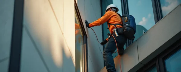 Photographie hyperréaliste d'un artisan RGE réalisant des travaux de rénovation énergétique sur une façade de bâtiment moderne avec un éclairage cinématographique naturel et un bokeh léger en arrière-plan