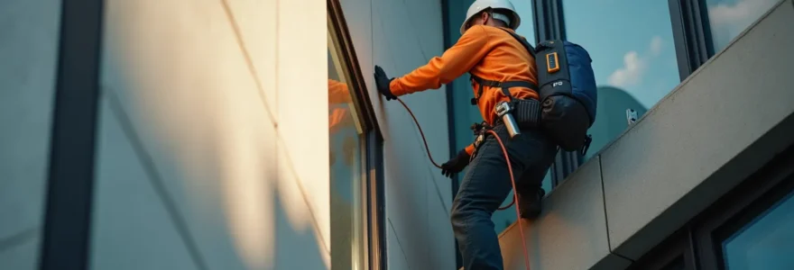 Photographie hyperréaliste d'un artisan RGE réalisant des travaux de rénovation énergétique sur une façade de bâtiment moderne avec un éclairage cinématographique naturel et un bokeh léger en arrière-plan