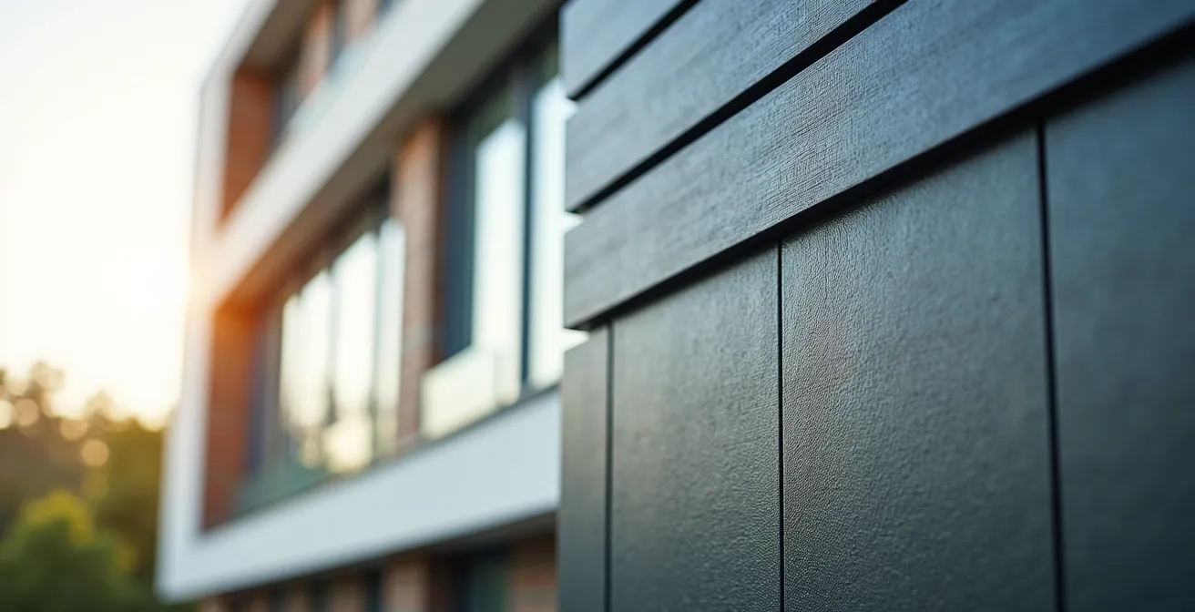 Façade moderne d'un bâtiment rénové avec des équipements énergétiques durables sous un ciel clair