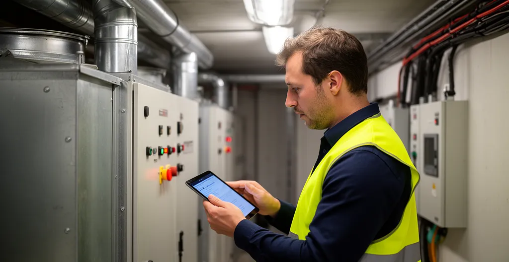 Auditeur énergétique inspectant une centrale de traitement d'air