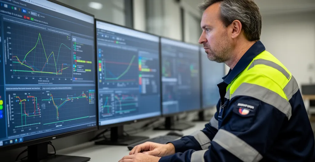 Technicien consultant un système de monitoring énergétique en environnement industriel