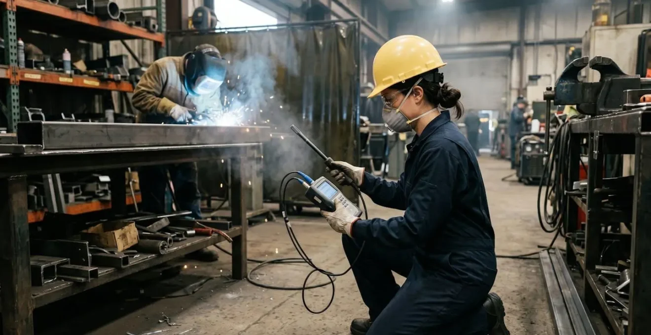 Technicien réalisant une mesure de qualité de l'air au poste de soudure dans un atelier industriel