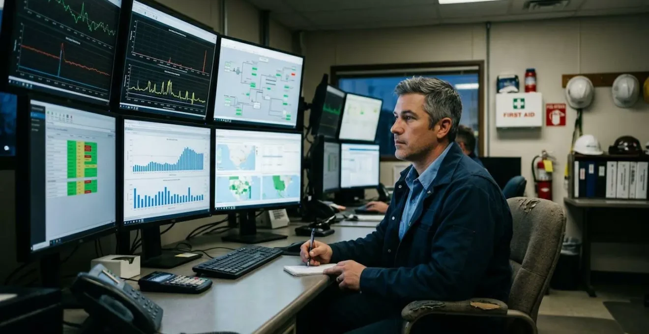 Opérateur en industrie chimique contrôlant un tableau de bord de surveillance de la qualité de l'air