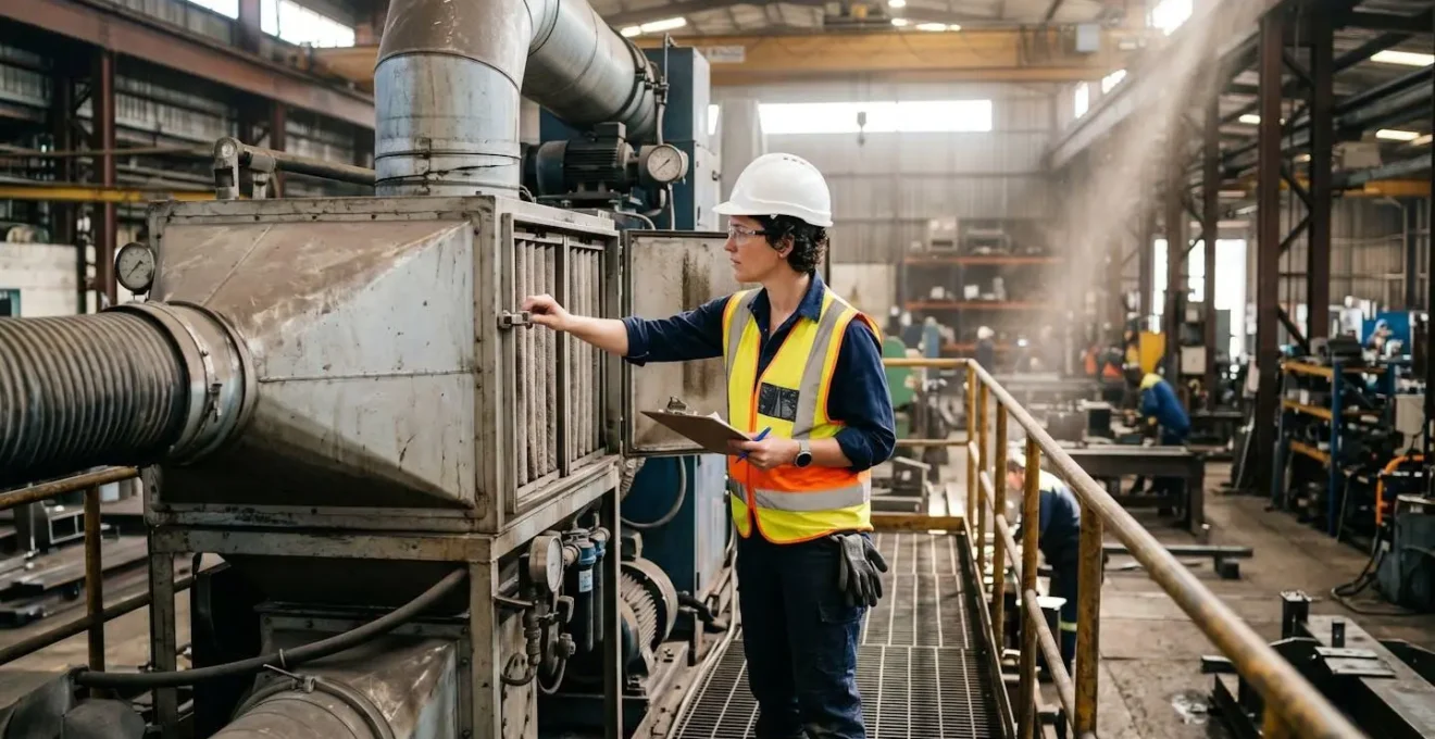 Responsable HSE inspectant un système de filtration de l'air dans un atelier industriel