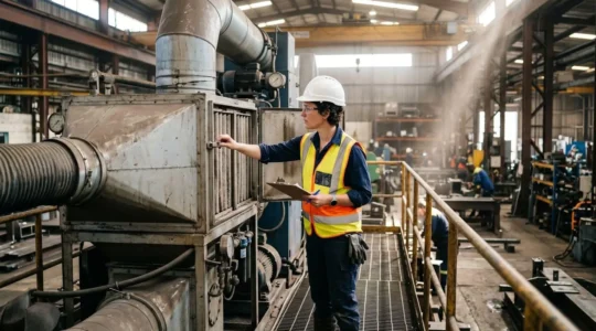 Responsable HSE inspectant un système de filtration de l'air dans un atelier industriel